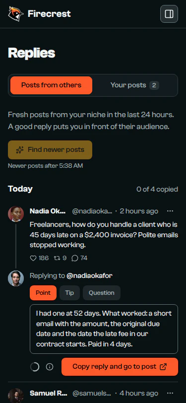 A post from @nadiaokafor about a client 45 days late on a $2,400 invoice, with a reply written underneath and ready to copy.